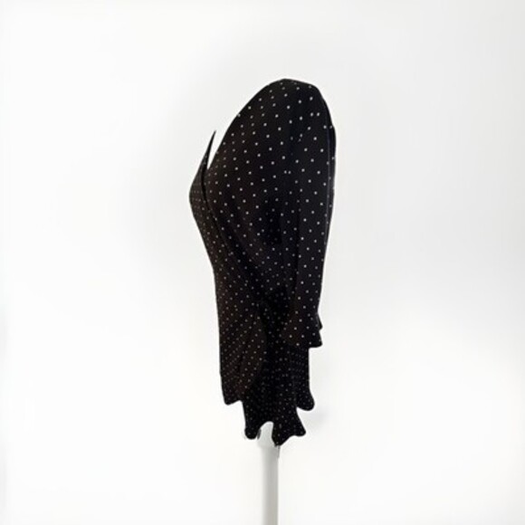 LOFT Black/White Polka Dot Wait Tie Faux Wrap 3/4 Sleeve Mini Skater Dress, Sz 8 - Picture 4 of 16